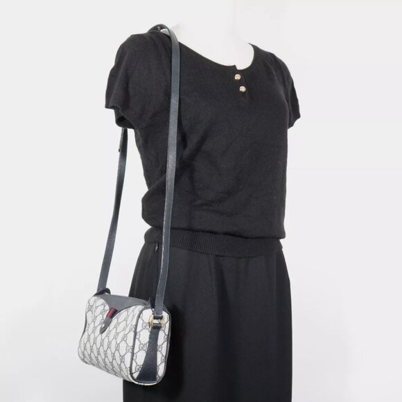 GUCCI Sherry line Shoulder Bag Old Gucci Gray / navy GG plus Women - Picture 1 of 8